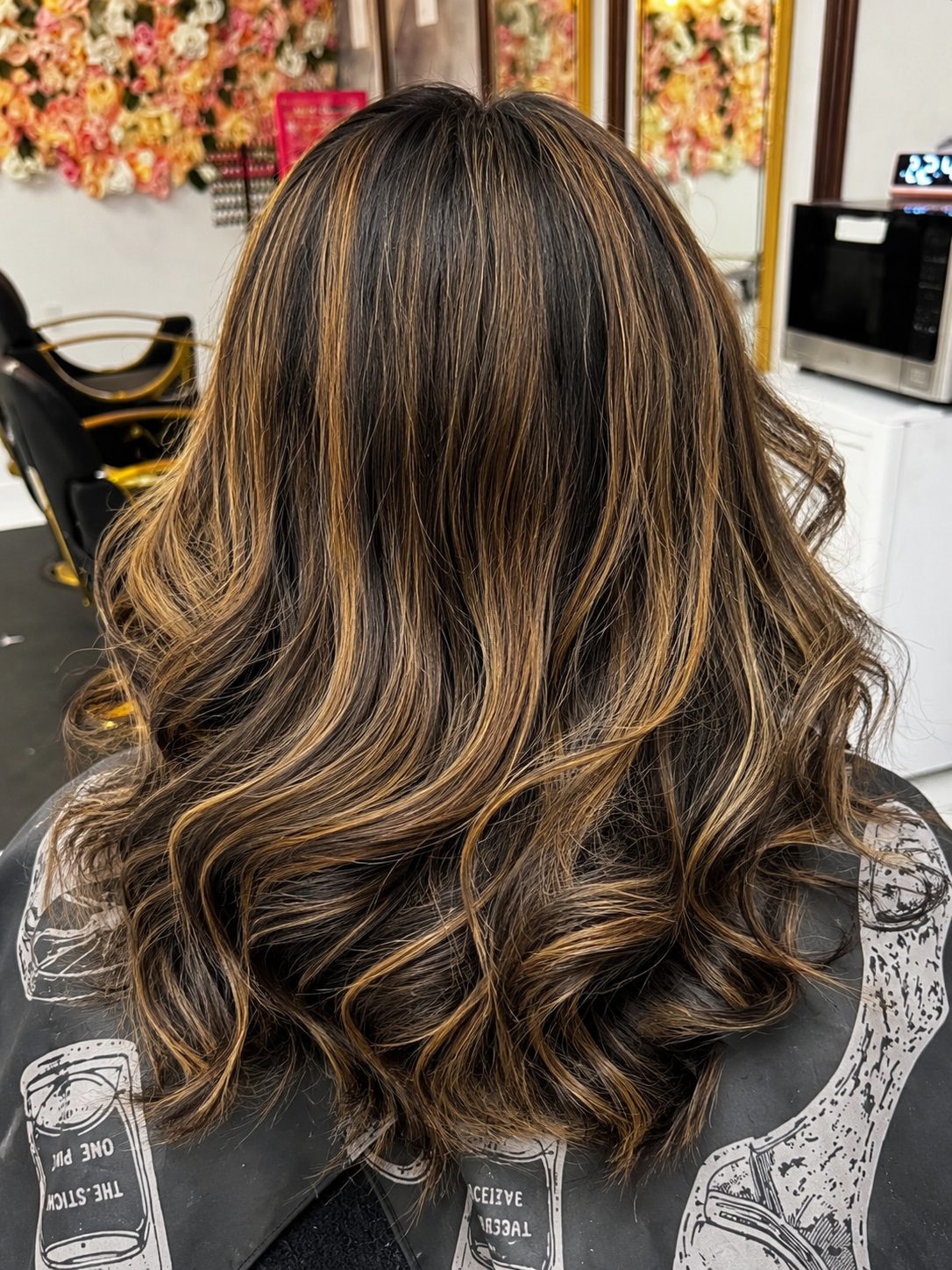 Toffee balayage highlights with loose waves, Vancouver BC