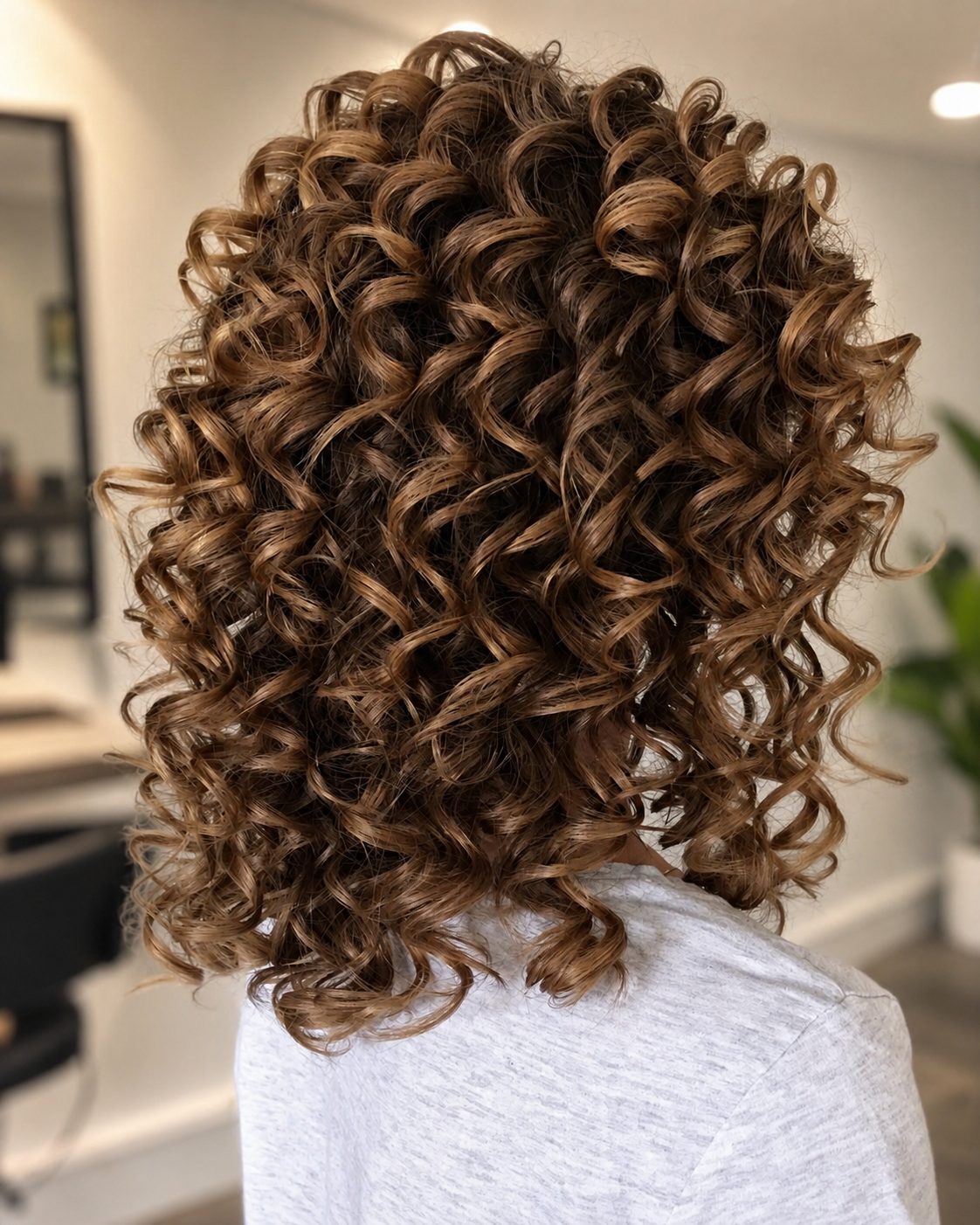 Caramel spiral perm with defined bouncy curls
