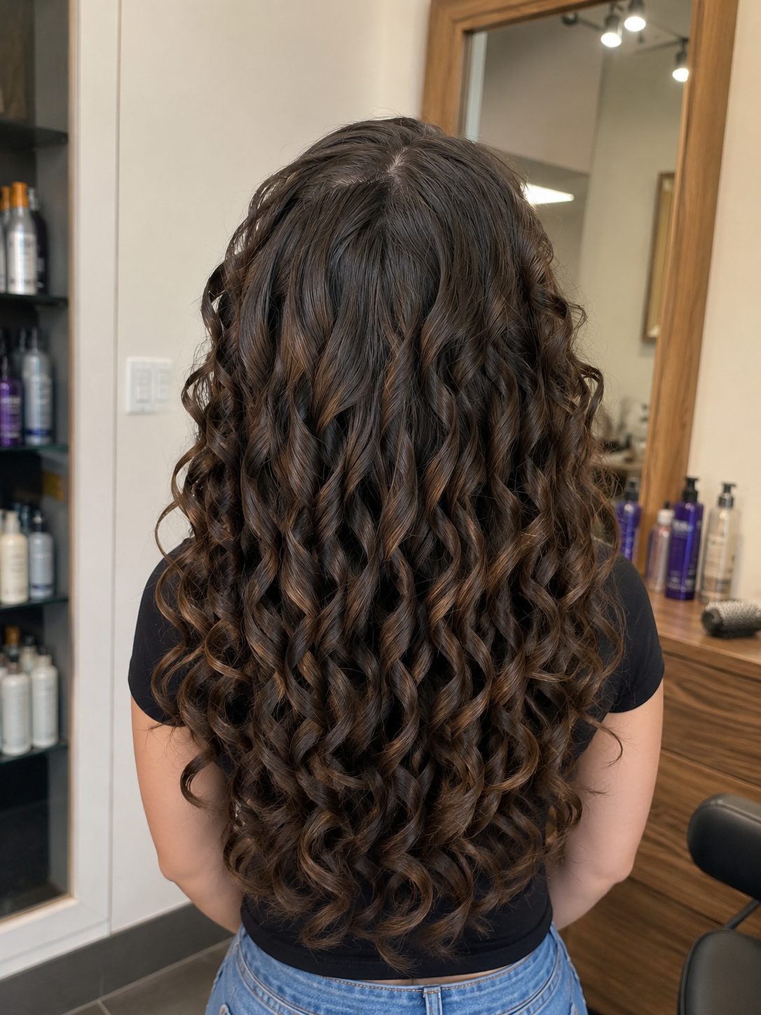 Glossy brunette ringlet perm, long length