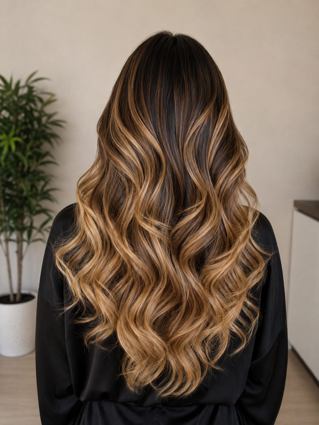 Dark base melting into golden glam balayage waves